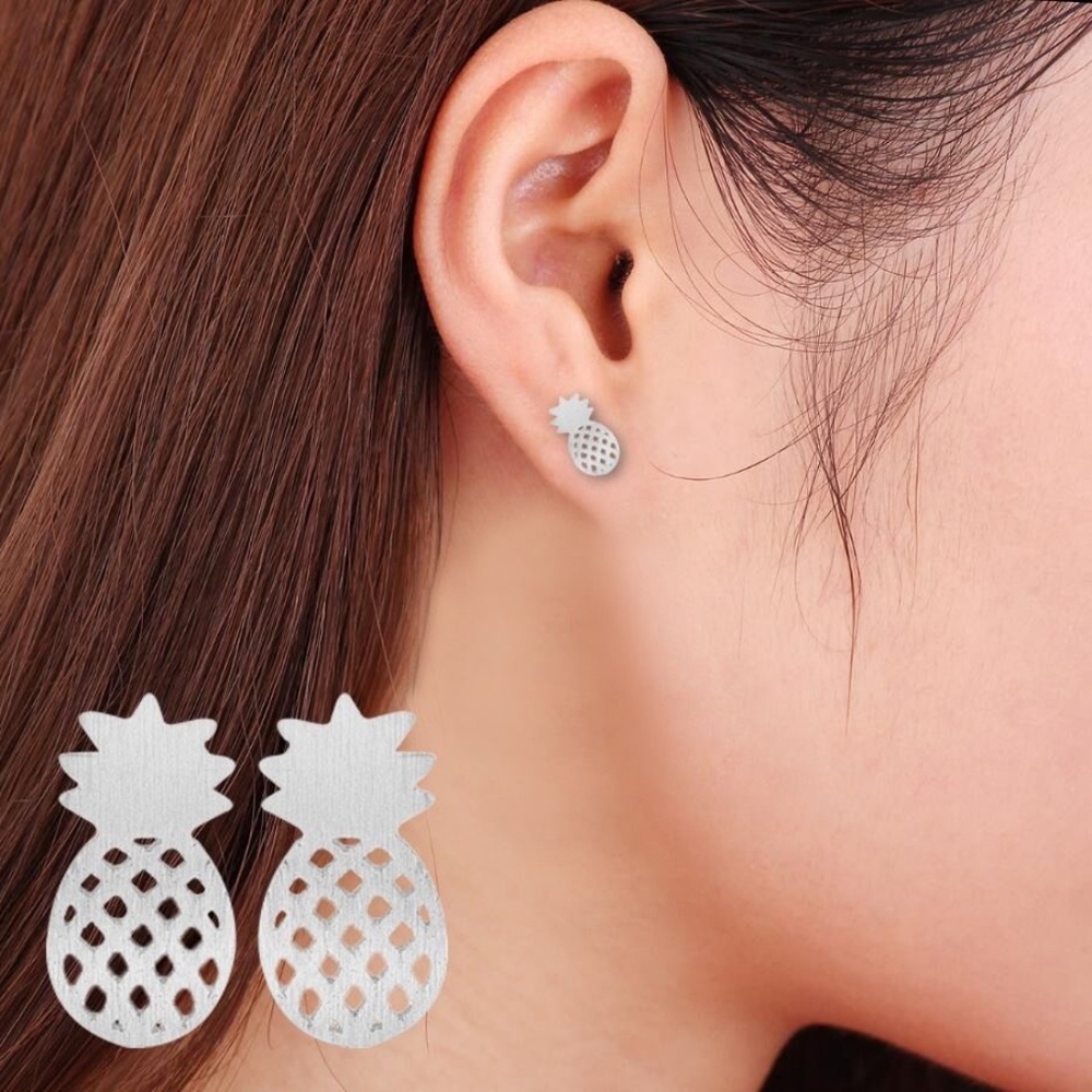 Silver Pineapple Stud Earrings brushed metal